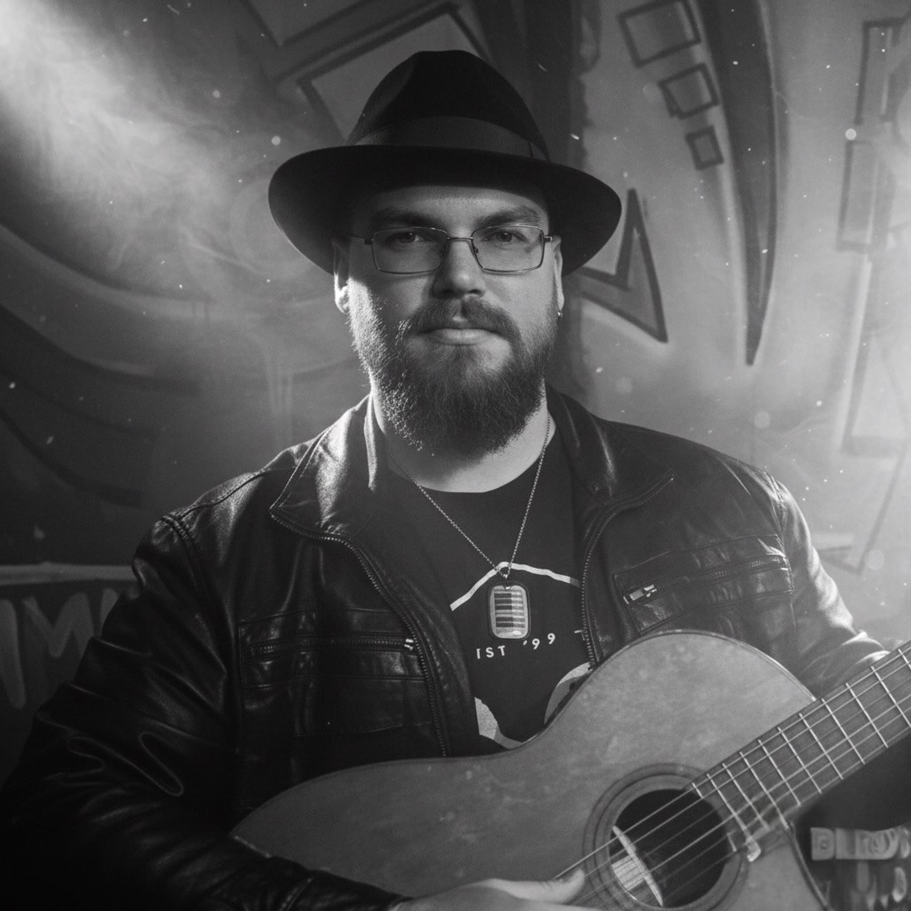 Chris Flowers performing live looping with guitar and vocals at a Tampa Bay event
